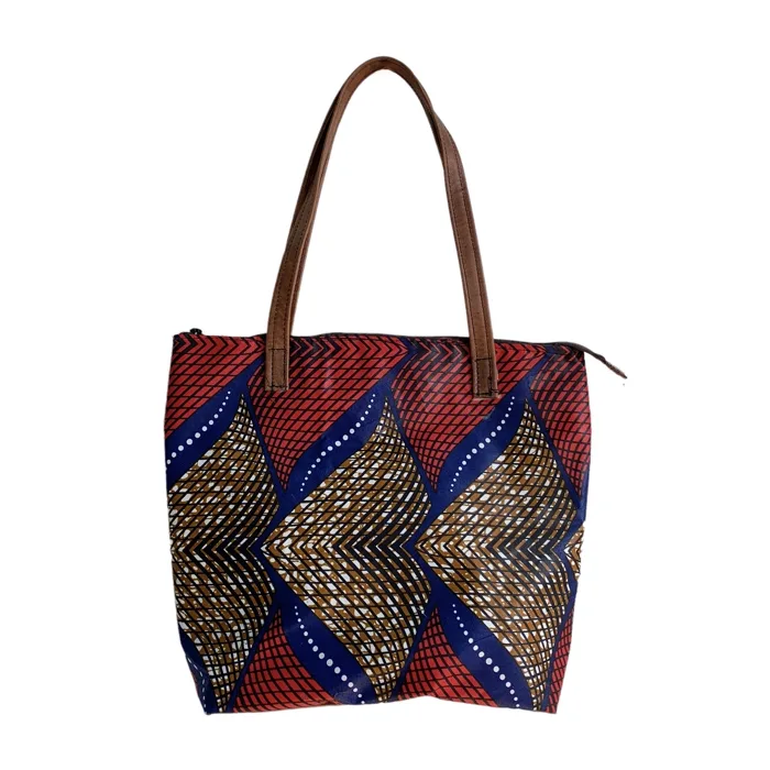 Vibrant African Print Leather-Trimmed Tote Bag