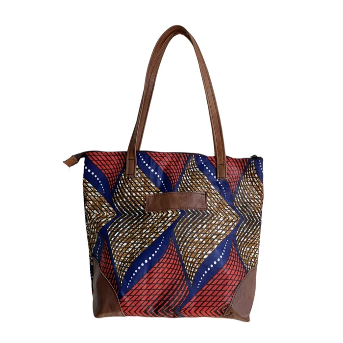 Vibrant African Print Leather-Trimmed Tote Bag