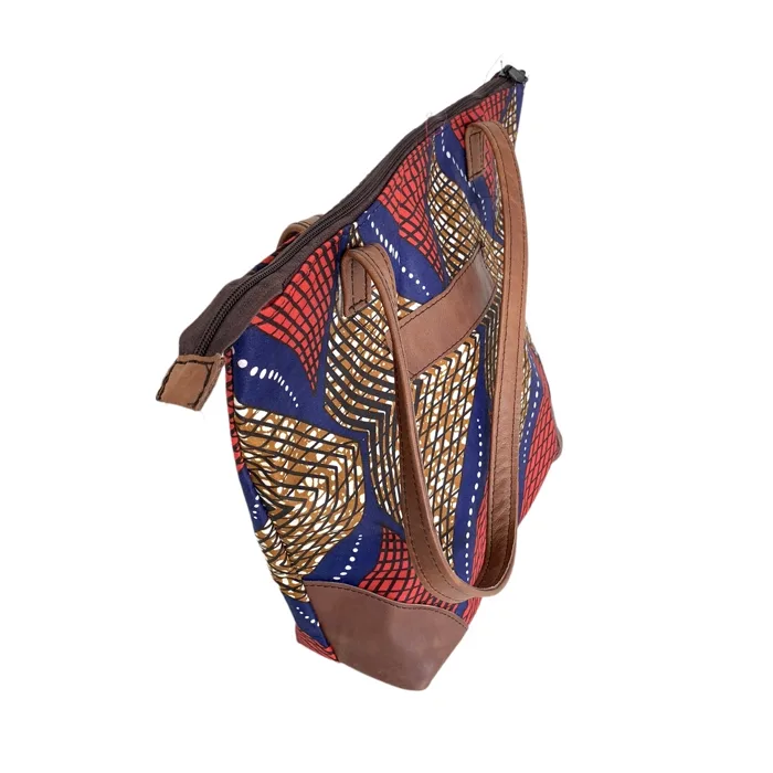 Vibrant African Print Leather-Trimmed Tote Bag