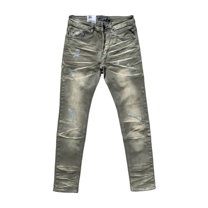 Olive Drab Distressed Slim-Fit Denim Jeans by Replay