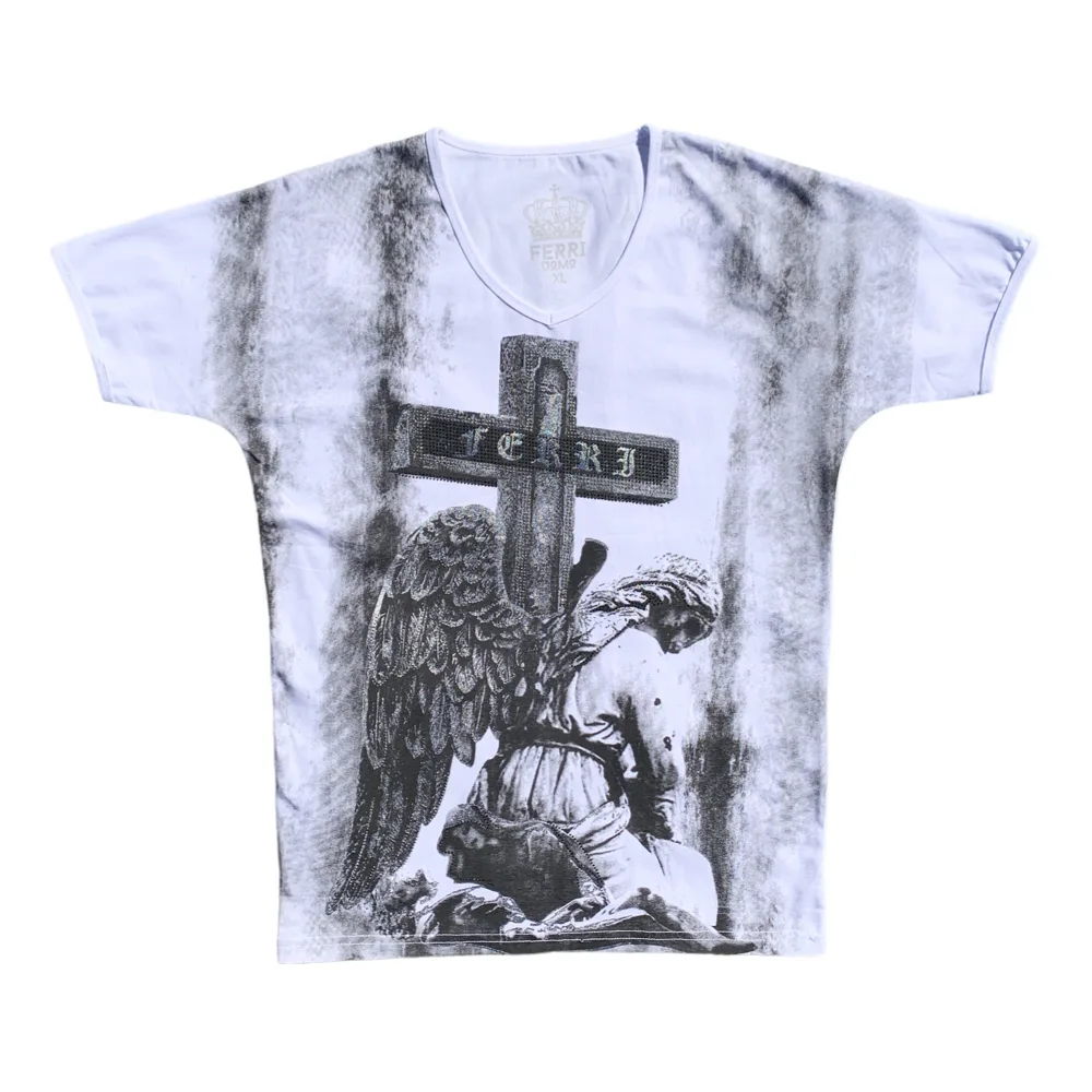 Ferry Uomo Cross Angel White V-Neck T-Shirt