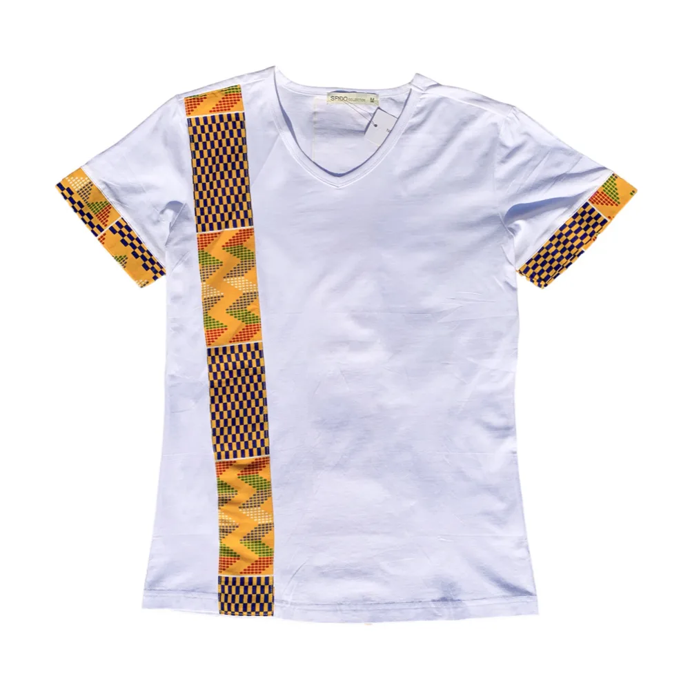 AO SS22 Kente African Print White V-Neck T-Shirt
