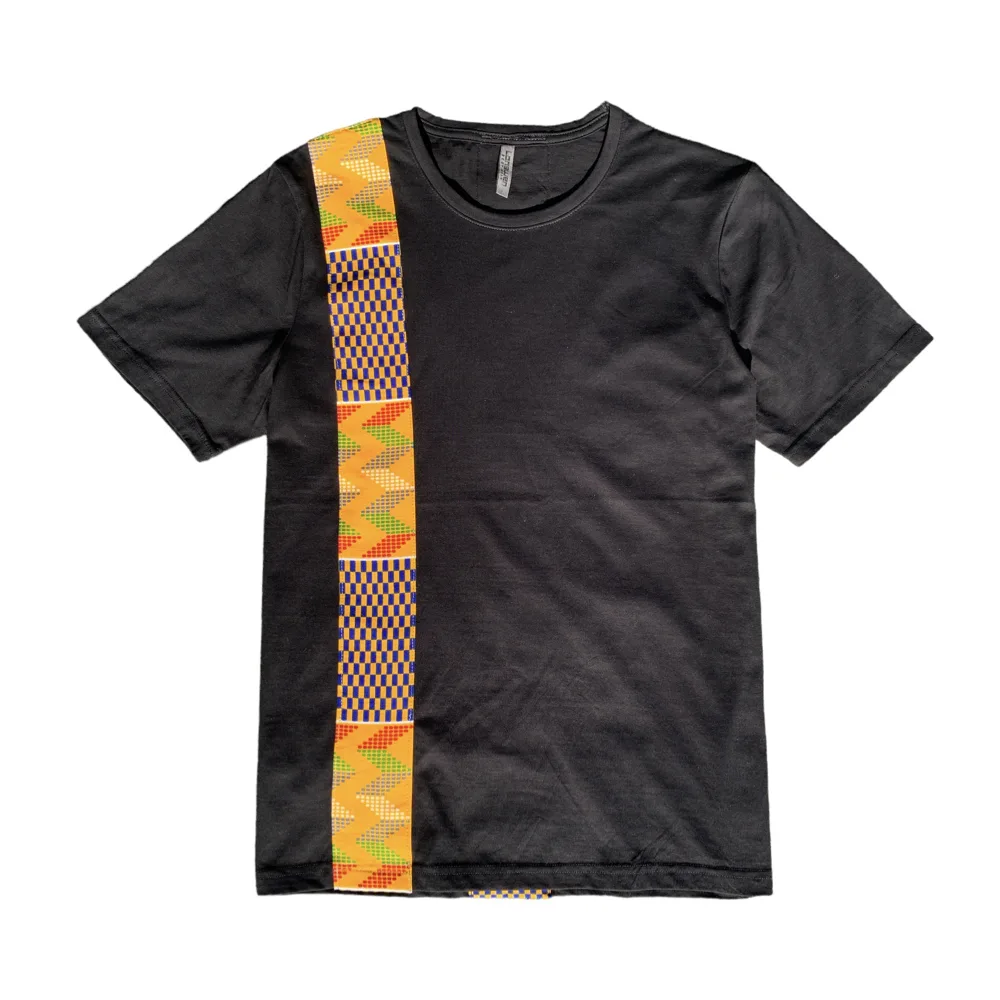 AO SS22.1 Kente Panel African Print Black Crewneck T-Shirt