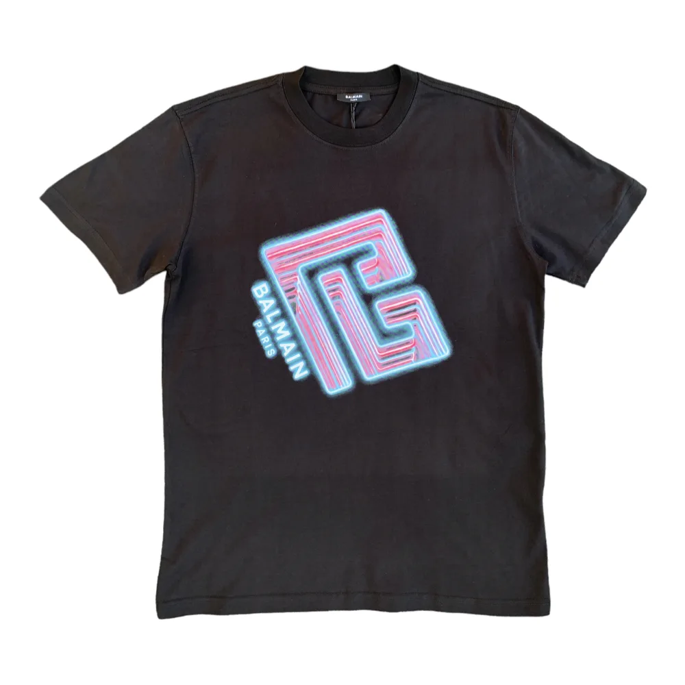 Balmain Paris Neon Print Black Crewneck T-Shirt