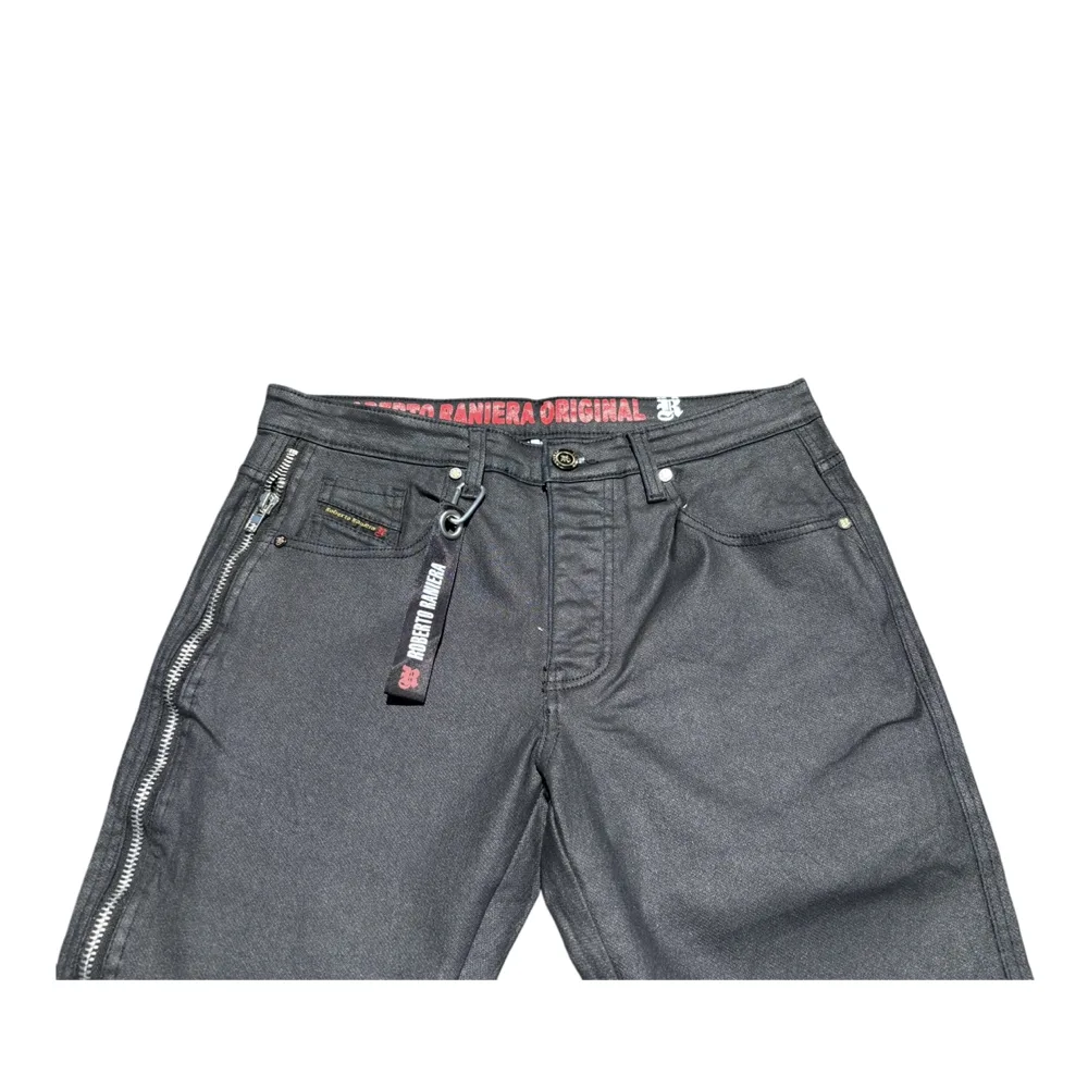 Raniera Zipper Black Wax Denim Jeans by Roberto Raniera