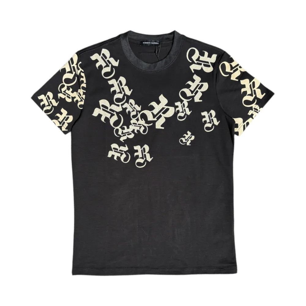 Roberto Raniera Gothic R Print Black Crewneck T-Shirt