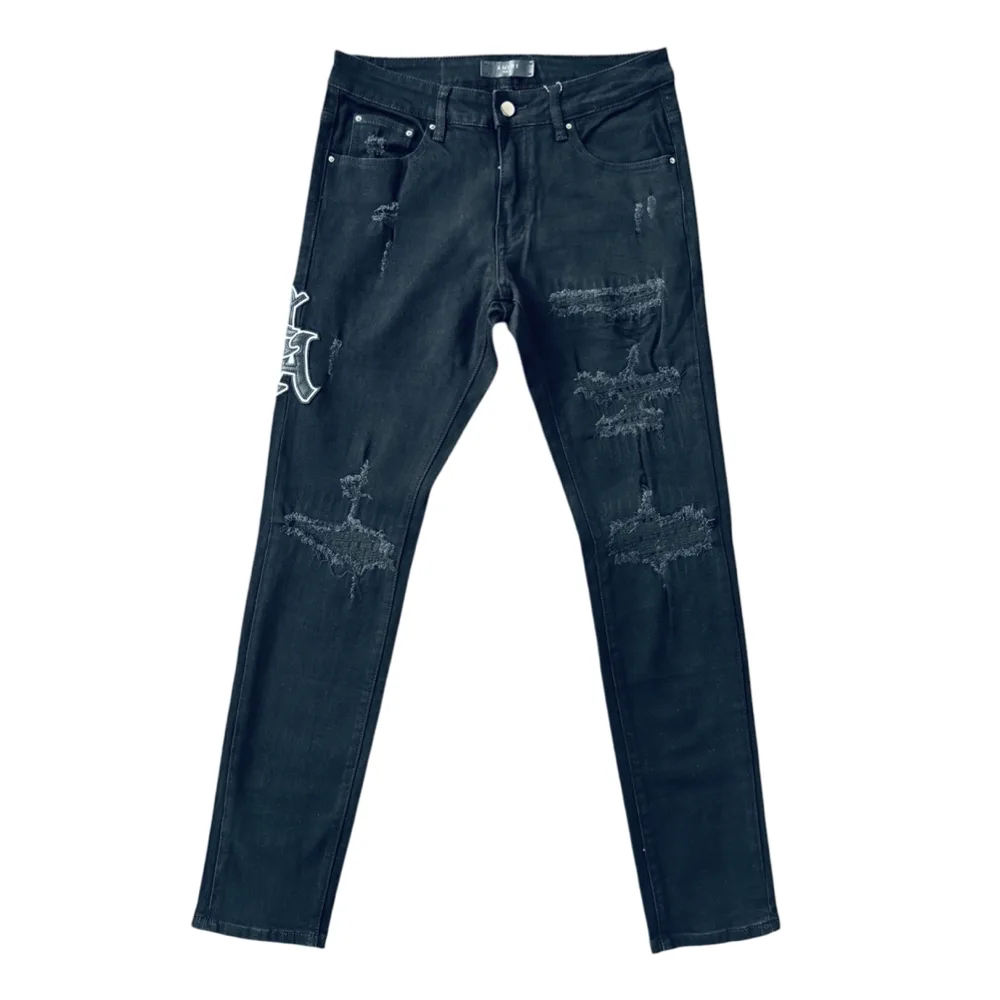 Amiri VE434-2 Statement Embroidery Black Stretch Denim Jeans
