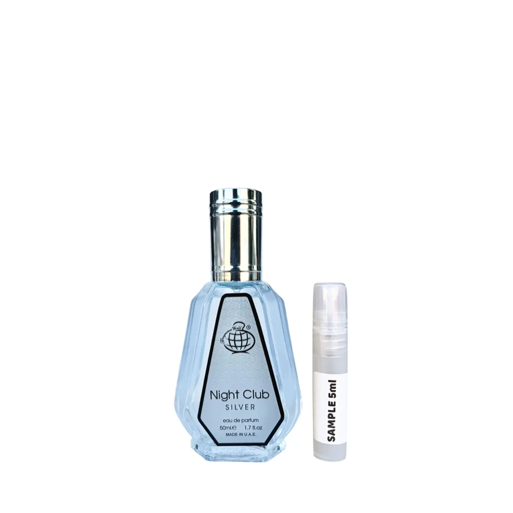 Night Club Silver Eau De Parfum Sample 5ml by Fragrance World - Arabic Dubai Perfumes