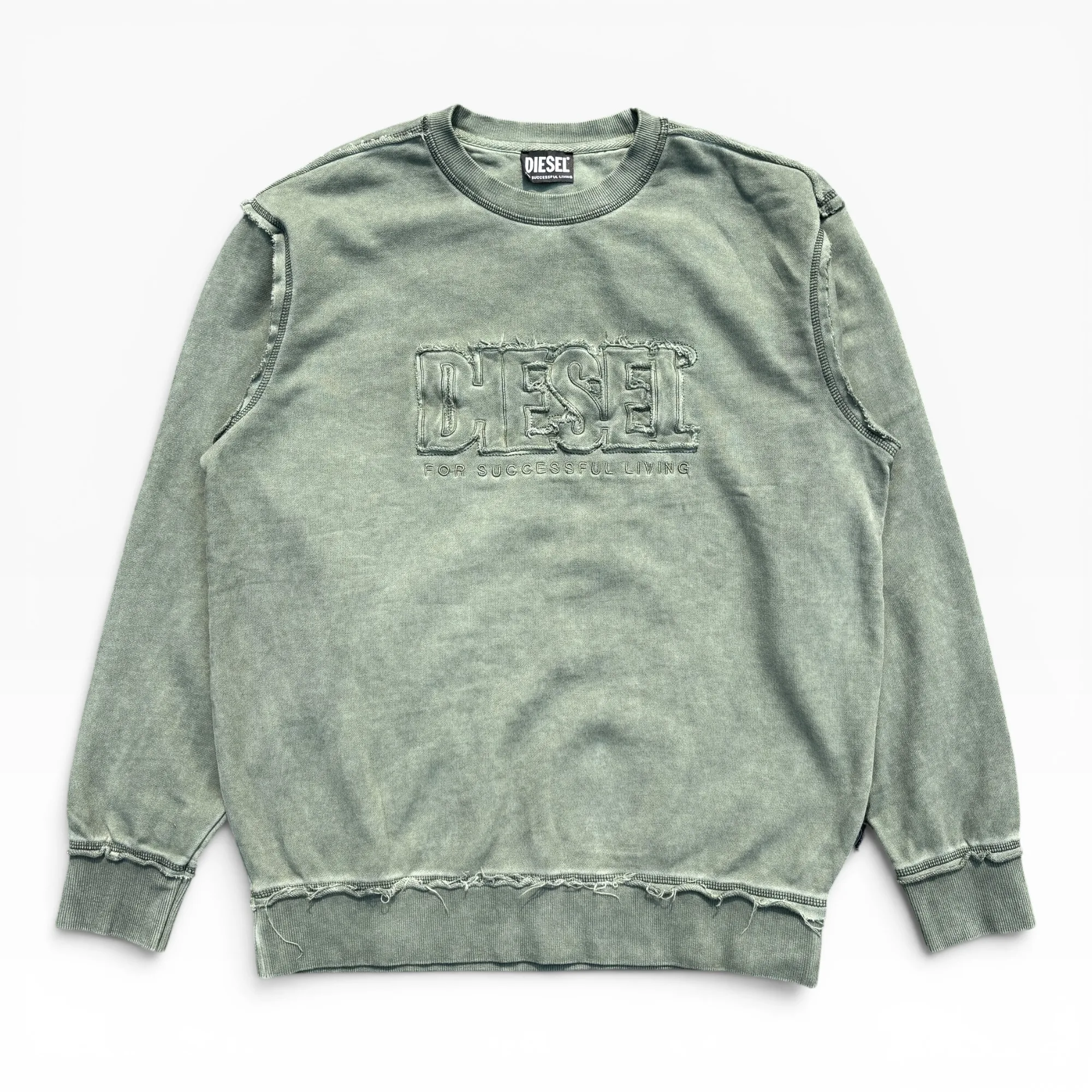 Diesel Oxidized Relic Deconstructed Olive Crew Neck Sweatshirt