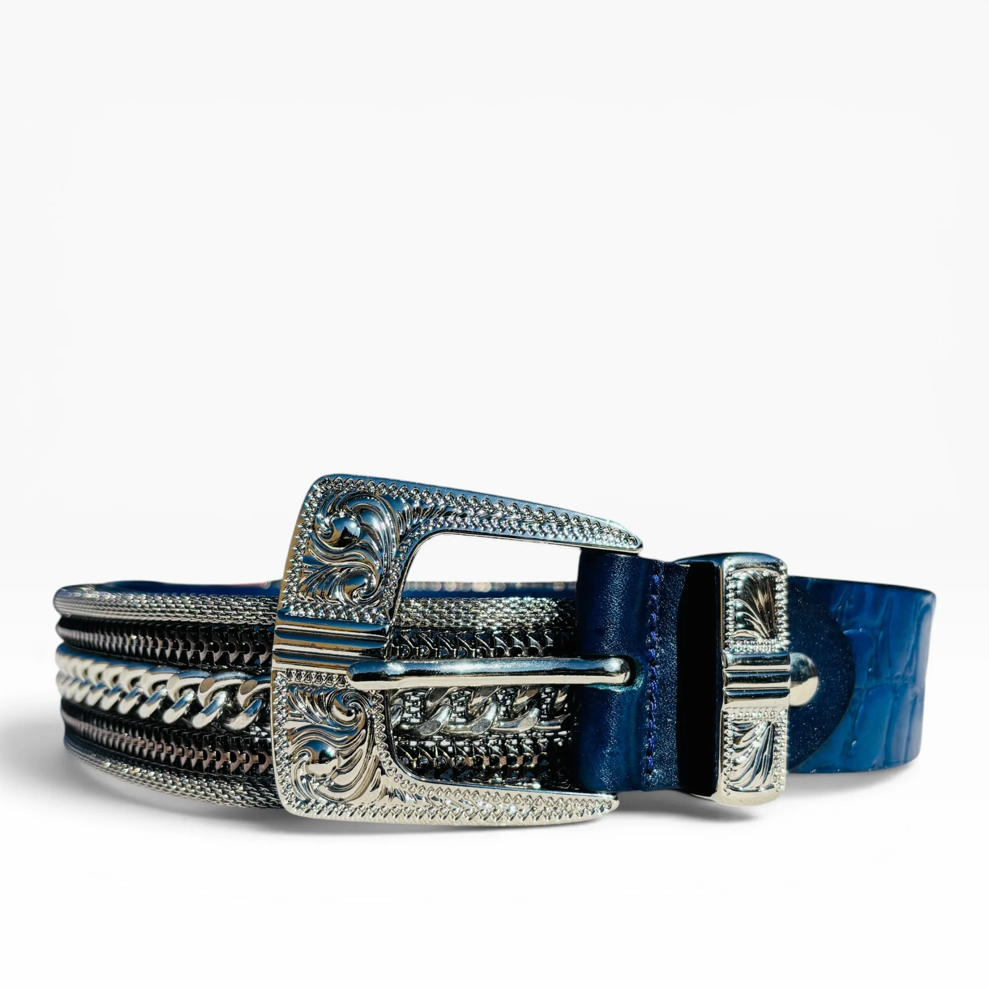 Cobalto Chain Blue Leather Belt - Nanni Milano